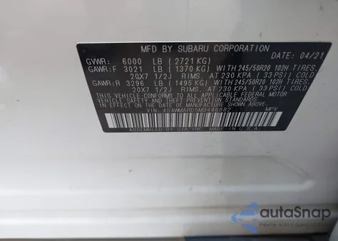 2021 Subaru Ascent Touring z USA, uszkodzony, nr VIN 4S4WMARD5M3446882